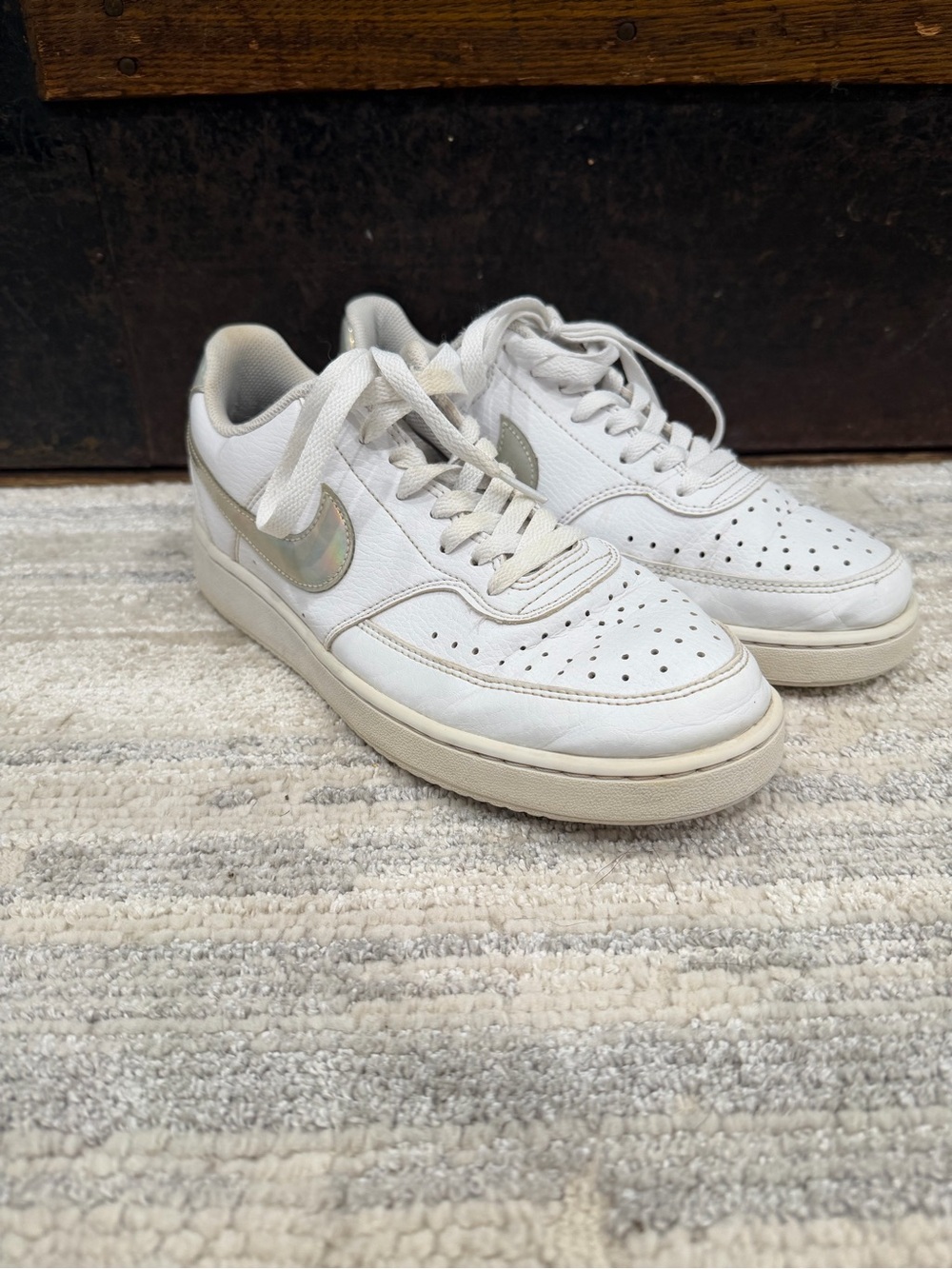 Nike Dunks White Low-Top Sneakers with Iridescent Swoosh